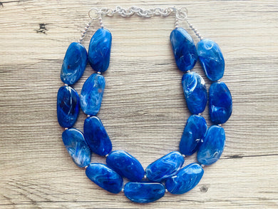 Creamy Big Bead Dark Blue Necklace, Double Strand Statement Jewelry, Royal Navy Chunky bib bridesmaid, everyday bubble jewelry mosaic
