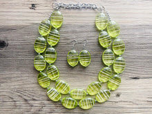 Load image into Gallery viewer, Textured Lime Statement Necklace, Big Beaded necklace, chunky beaded green necklace wedding, green jewelry, white striped jewelry