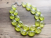 Load image into Gallery viewer, Textured Lime Statement Necklace, Big Beaded necklace, chunky beaded green necklace wedding, green jewelry, white striped jewelry