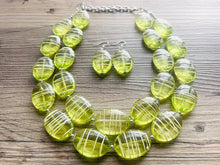 Load image into Gallery viewer, Textured Lime Statement Necklace, Big Beaded necklace, chunky beaded green necklace wedding, green jewelry, white striped jewelry