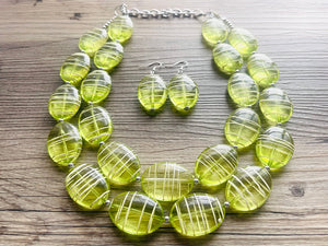 Textured Lime Statement Necklace, Big Beaded necklace, chunky beaded green necklace wedding, green jewelry, white striped jewelry