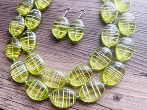 Textured Lime Statement Necklace, Big Beaded necklace, chunky beaded green necklace wedding, green jewelry, white striped jewelry