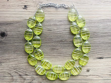 Load image into Gallery viewer, Textured Lime Statement Necklace, Big Beaded necklace, chunky beaded green necklace wedding, green jewelry, white striped jewelry