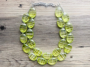 Textured Lime Statement Necklace, Big Beaded necklace, chunky beaded green necklace wedding, green jewelry, white striped jewelry