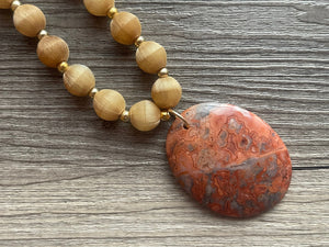 Jasper GemStone Chunky Statement Necklace, orange white gemstone necklace, 30 Inch long gem jewelry, beaded necklace, agate pendant long