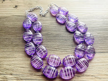 Load image into Gallery viewer, Textured Purple Statement Necklace, Big Beaded necklace, chunky beaded necklace wedding, lavender jewelry, white striped jewelry