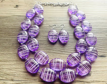 Load image into Gallery viewer, Textured Purple Statement Necklace, Big Beaded necklace, chunky beaded necklace wedding, lavender jewelry, white striped jewelry