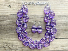 Load image into Gallery viewer, Textured Purple Statement Necklace, Big Beaded necklace, chunky beaded necklace wedding, lavender jewelry, white striped jewelry