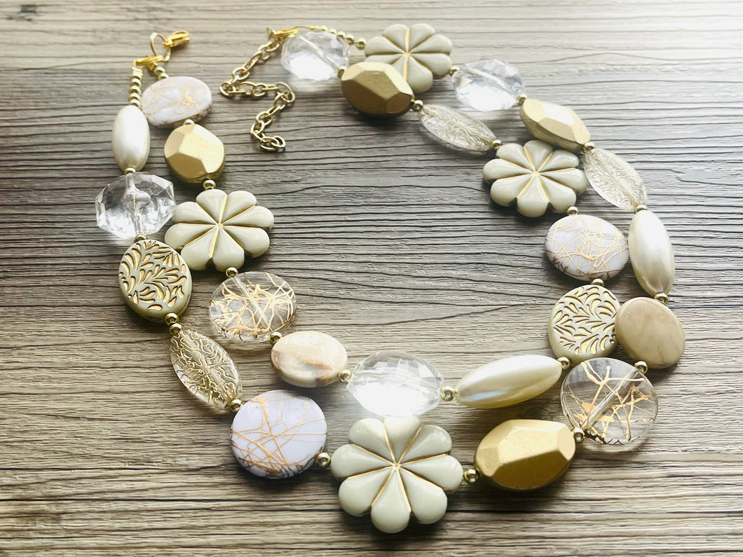 Golden Light OOAK statement Necklace, Gold Beaded Necklace, summer jewelry neutral, gold white resin shiny mirror gold beads