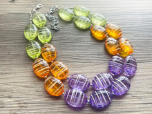 Load image into Gallery viewer, Textured Orange Purple Lime Green Statement Necklace, Big Beaded necklace, chunky beaded necklace wedding, clementine jewelry, white striped