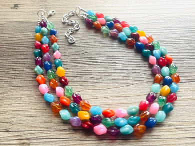 Triple Rainbow Beaded Necklace, Colorful Jewelry, Chunky statement necklace, jelly bean necklace, rainbow jewelry, rainbow baby confetti