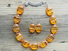 Load image into Gallery viewer, Textured Orange Statement Necklace, Big Beaded necklace, chunky beaded necklace wedding, clementine jewelry, white striped jewelry