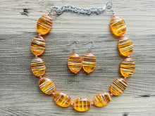 Load image into Gallery viewer, Textured Orange Statement Necklace, Big Beaded necklace, chunky beaded necklace wedding, clementine jewelry, white striped jewelry