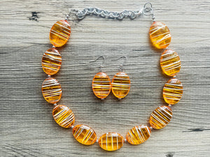 Textured Orange Statement Necklace, Big Beaded necklace, chunky beaded necklace wedding, clementine jewelry, white striped jewelry