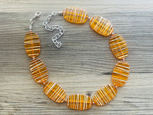 Textured Orange Statement Necklace, Big Beaded necklace, chunky beaded necklace wedding, clementine jewelry, white striped jewelry