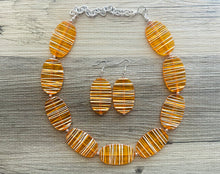 Load image into Gallery viewer, Textured Orange Statement Necklace, Big Beaded necklace, chunky beaded necklace wedding, clementine jewelry, white striped jewelry