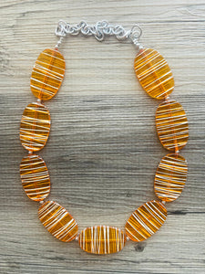 Textured Orange Statement Necklace, Big Beaded necklace, chunky beaded necklace wedding, clementine jewelry, white striped jewelry