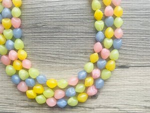 Carnival Pastel Chunky Statement Necklace, multi Strand Beaded Jewelry, blue pink green yellow jewelry, spring necklace, Easter statement