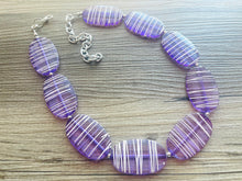 Load image into Gallery viewer, Textured Purple Statement Necklace, Big Beaded necklace, chunky beaded necklace wedding, lavender jewelry, white striped jewelry