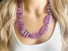 Load image into Gallery viewer, Textured Purple Statement Necklace, Big Beaded necklace, chunky beaded necklace wedding, lavender jewelry, white striped jewelry