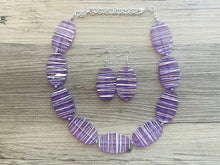 Load image into Gallery viewer, Textured Purple Statement Necklace, Big Beaded necklace, chunky beaded necklace wedding, lavender jewelry, white striped jewelry