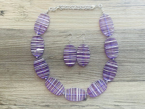 Textured Purple Statement Necklace, Big Beaded necklace, chunky beaded necklace wedding, lavender jewelry, white striped jewelry