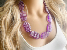 Load image into Gallery viewer, Textured Purple Statement Necklace, Big Beaded necklace, chunky beaded necklace wedding, lavender jewelry, white striped jewelry