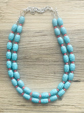 Load image into Gallery viewer, Turquoise Coral Big Beaded Statement Necklace, blue jewelry, teal beaded necklace jewelry, necklace, stone gemstone chunky beaded bib