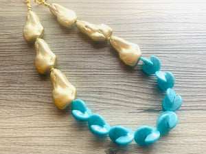 Gold Nugget & Turquoise statement necklace, matte gold necklace, bib chunky single strand necklace, blue aqua jewelry beaded