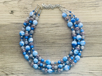 Celestial Storm chunky necklace, gray beaded jewelry, silver resin beaded necklace, beaded necklace, aqua light blue navy necklace
