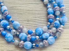 Load image into Gallery viewer, Celestial Storm chunky necklace, gray beaded jewelry, silver resin beaded necklace, beaded necklace, aqua light blue navy necklace