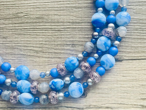 Celestial Storm chunky necklace, gray beaded jewelry, silver resin beaded necklace, beaded necklace, aqua light blue navy necklace