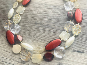 Runaway to Mars Statement Necklace, chunky bib beaded jewelry, neutral jewelry, red tan black champagne necklace, beaded acrylic jewelry