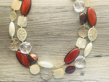 Load image into Gallery viewer, Runaway to Mars Statement Necklace, chunky bib beaded jewelry, neutral jewelry, red tan black champagne necklace, beaded acrylic jewelry