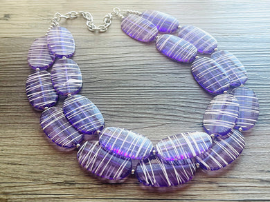 Textured Purple Statement Necklace, Big Beaded necklace, chunky beaded necklace wedding, lavender jewelry, white striped jewelry