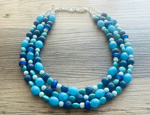 December Morning Beaded Statement jewelry, Blue turquoise Chunky Beaded Necklace Earrings Jewelry, beaded necklace Geometric