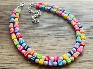 Rainbow 2 strand Beaded Necklace, Funky Colorful Jewelry, Chunky statement necklace, big beaded necklace, rainbow jewelry white