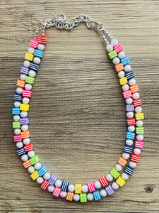 Rainbow 2 strand Beaded Necklace, Funky Colorful Jewelry, Chunky statement necklace, big beaded necklace, rainbow jewelry white