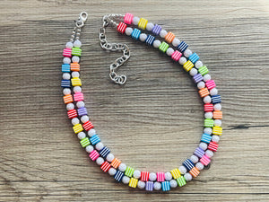 Rainbow 2 strand Beaded Necklace, Funky Colorful Jewelry, Chunky statement necklace, big beaded necklace, rainbow jewelry white