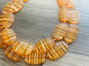 Textured Orange Statement Necklace, Big Beaded necklace, chunky beaded necklace wedding, clementine jewelry, white striped jewelry