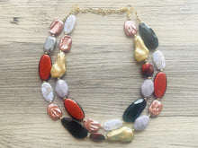 Load image into Gallery viewer, Landing on Mars Statement Necklace, chunky bib beaded jewelry, neutral jewelry, red tan black champagne necklace, beaded acrylic jewelry