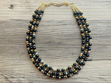 Rain Mist Extra Chunky Statement Necklace, black silver & gold beaded jewelry, Multi Strand Bib Beaded necklace black rosegold copper silver