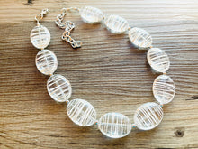 Load image into Gallery viewer, Textured Clear Statement Necklace, Big Beaded necklace, chunky beaded necklace wedding, acetate resin jewelry, white striped jewelry