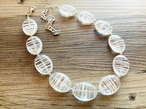 Textured Clear Statement Necklace, Big Beaded necklace, chunky beaded necklace wedding, acetate resin jewelry, white striped jewelry