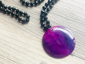 GemStone Chunky Statement Necklace, black purple blue circle gemstone necklace, long gem jewelry beaded necklace, agate jewelry pendant long