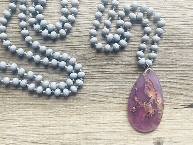 GemStone Chunky Statement Necklace, gray purple amethyst gemstone necklace, long gem jewelry beaded necklace, agate jewelry pendant long