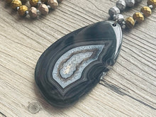 Load image into Gallery viewer, GemStone Chunky Statement Necklace, gray black agate slice gemstone necklace, long gem jewelry beaded metallic, gold jewelry pendant long