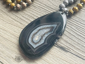 GemStone Chunky Statement Necklace, gray black agate slice gemstone necklace, long gem jewelry beaded metallic, gold jewelry pendant long