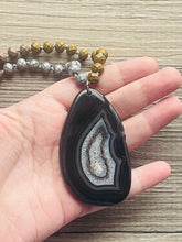 Load image into Gallery viewer, GemStone Chunky Statement Necklace, gray black agate slice gemstone necklace, long gem jewelry beaded metallic, gold jewelry pendant long