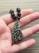 Load image into Gallery viewer, GemStone Chunky Statement Necklace, black Speckled agate gemstone necklace, long gem jewelry beaded metallic, silver jewelry pendant long